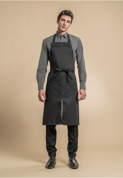 סינר MIOGA לגברים, בצבע כהה, עם חריץ קדמי, כיס קנגורו ולולאת מגבת.